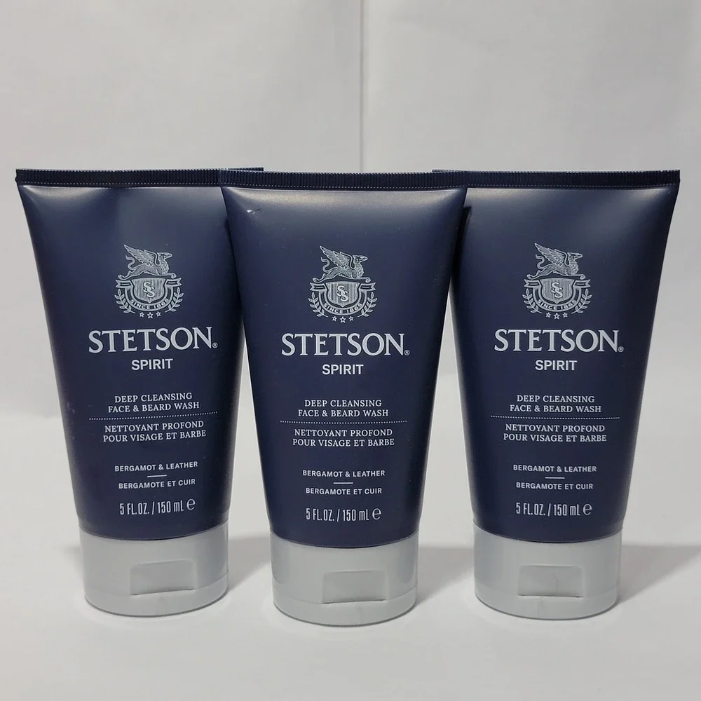 3pk Stetson Spirit Deep Cleansing Face and Beard Wash Bergamot Leather 5oz New